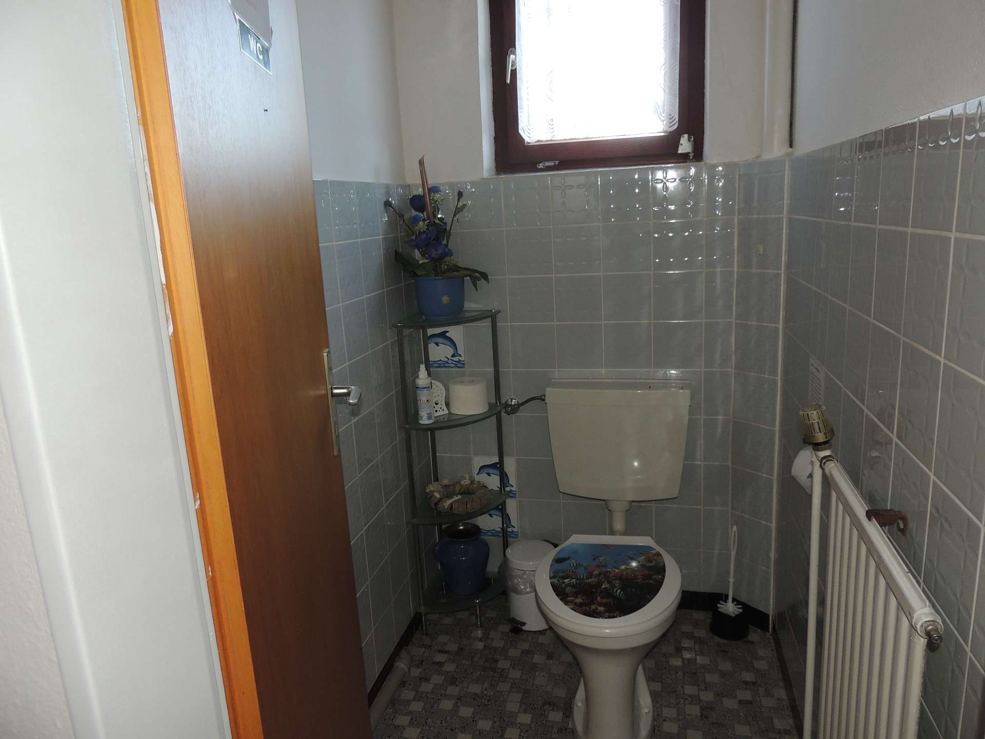 Einblick in Badezimmer - Toilette mit Spülung und daneben ein Regal